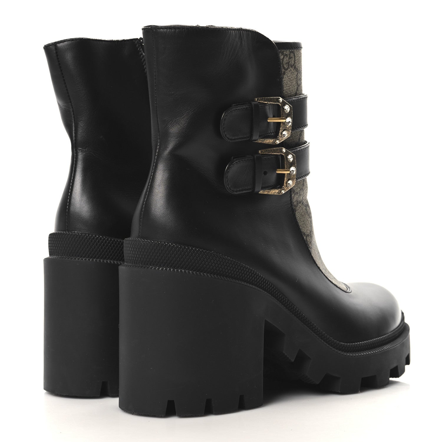 Gucci Kensington Calfskin Nappa GG Supreme Monogram Womens Double Buckle Ankle Boots 40 Black 5 of 9