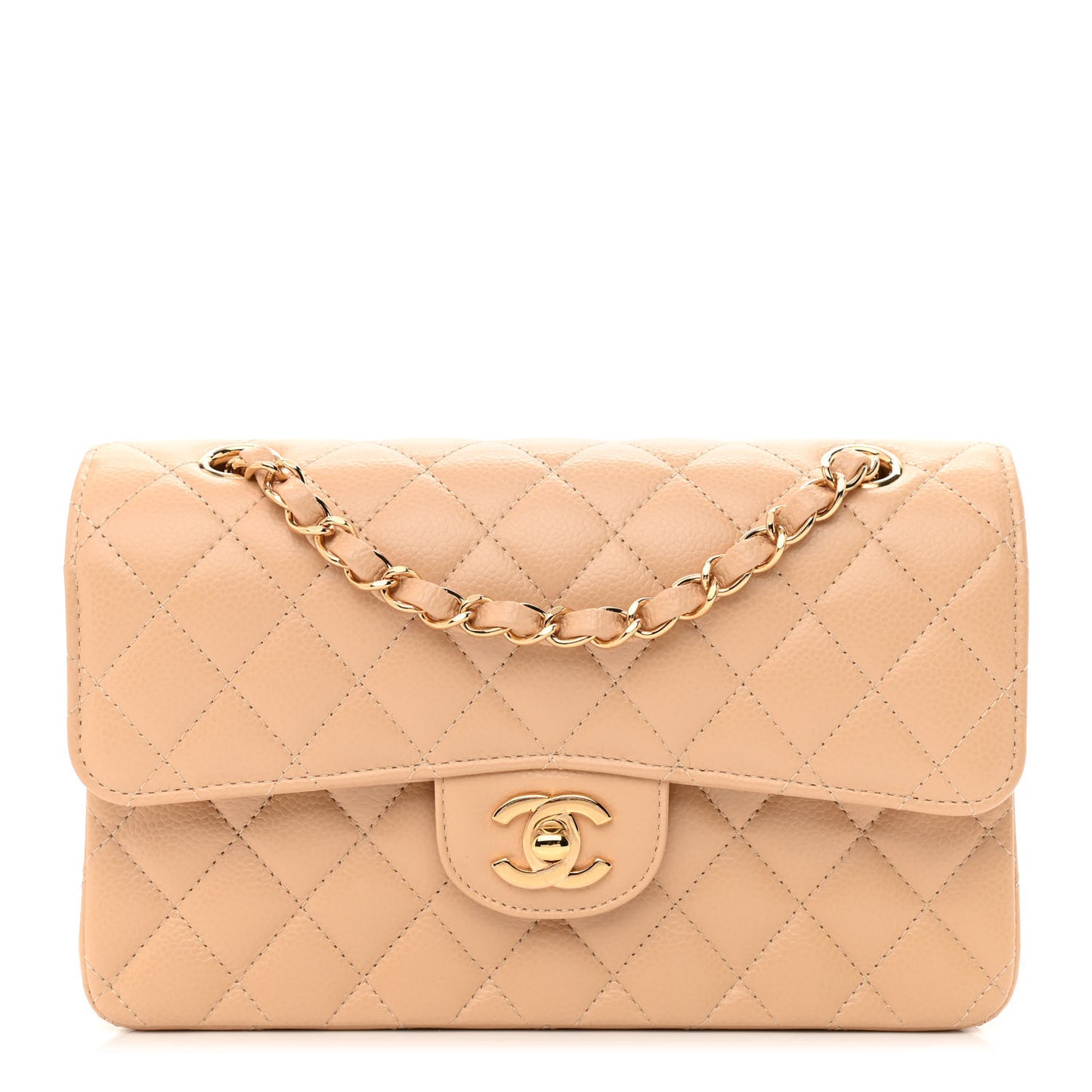 Caviar Quilted Small Double Flap Beige