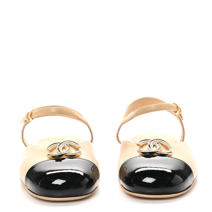 Chanel Lambskin Patent Cap Toe Crystal Enamel CC Mary Jane Slingback Flats 39 Beige Black 3 of 9