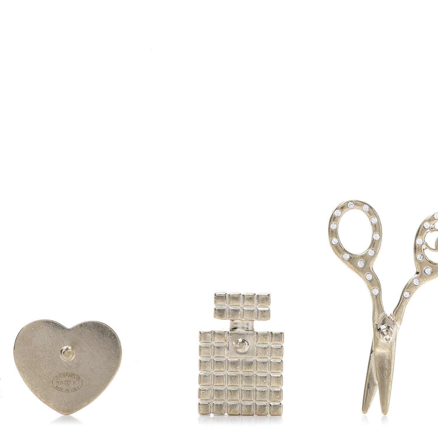 Chanel Metal Strass Crystal Quilted CC Heart Scissors Perfume Brooch Set Gold 4 of 6