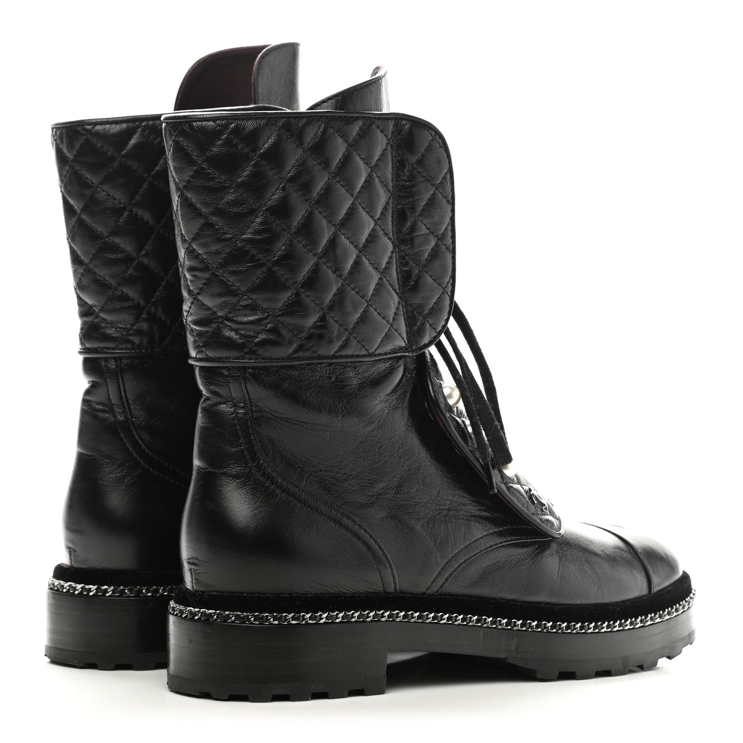 Chanel Crackled Calfskin Velvet Pearl Combat Boots 40 Black 4 of 7