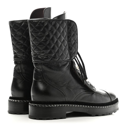Chanel Crackled Calfskin Velvet Pearl Combat Boots 40 Black 4 of 7
