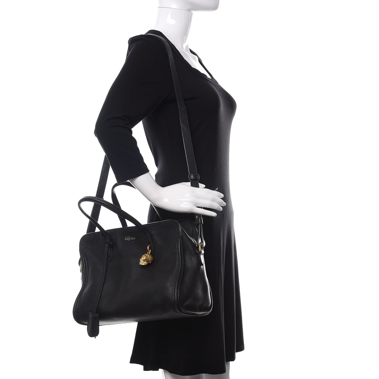 Pebbled Calfskin Small Skull Padlock Zip Around Tote Black