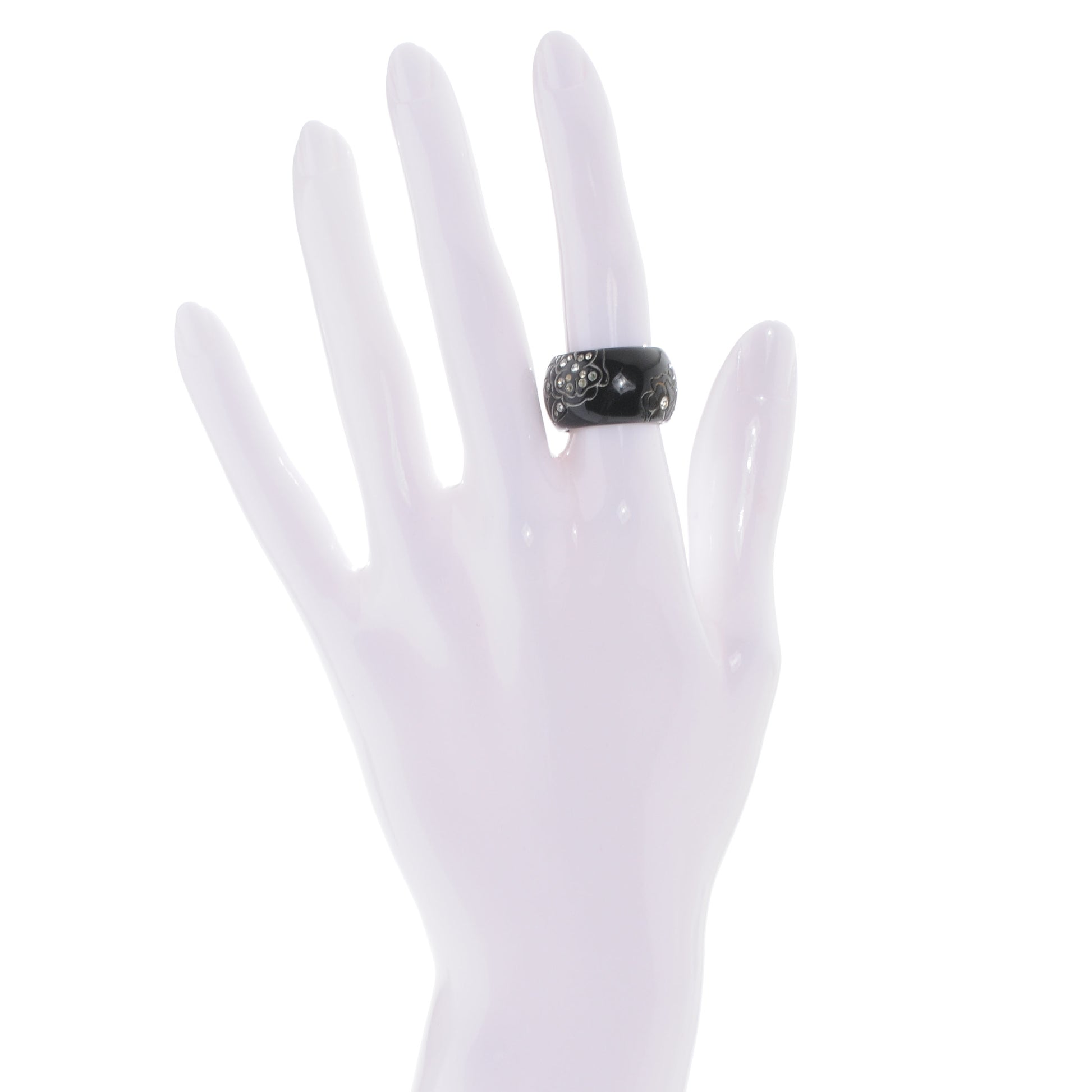 Chanel Resin Crystal CC Camellia Ring Black 6.5 2 of 5