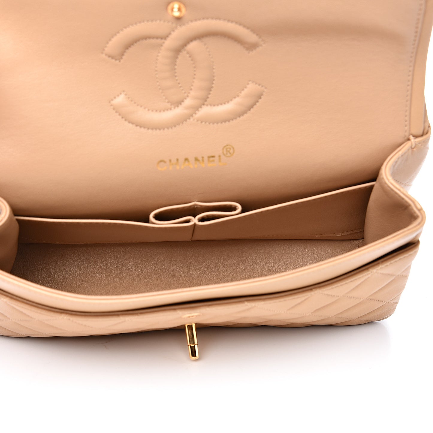 Lambskin Quilted Medium Double Flap Beige