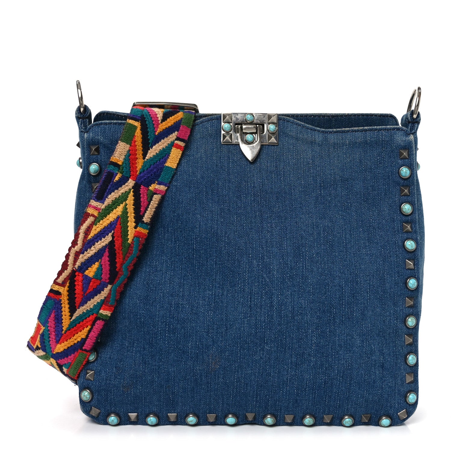 Valentino Garavani Denim Small Guitar Strap Rockstud Rolling Flip-Lock Messenger Bag Blue 1 of 10