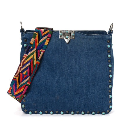 Valentino Garavani Denim Small Guitar Strap Rockstud Rolling Flip-Lock Messenger Bag Blue 1 of 10