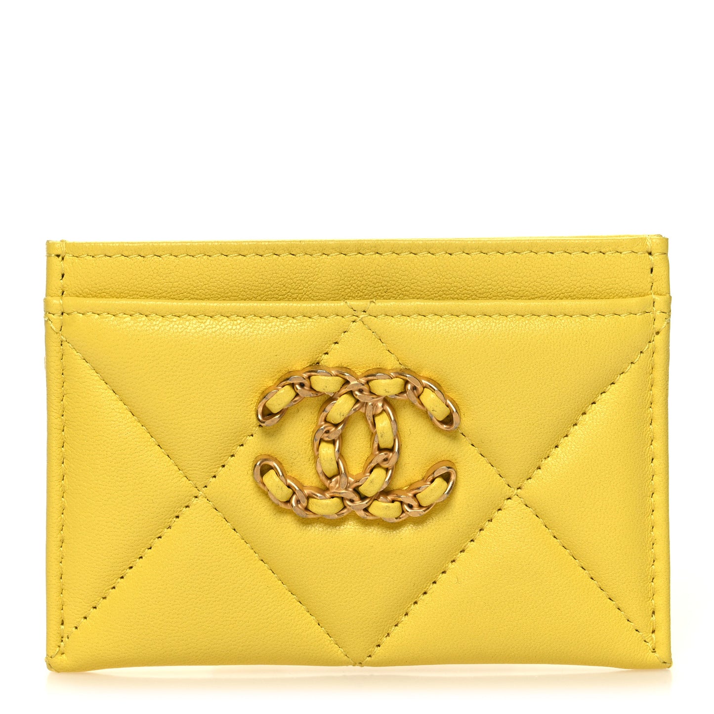 Lambskin Quilted Chanel 19 Card Holder Yellow