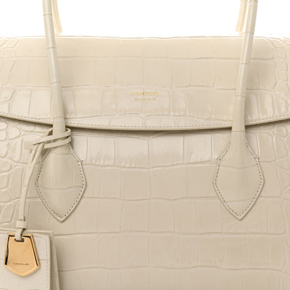 Salvatore Ferragamo Calfskin Crocodile Embossed East-West Tote Mascarpone 8 of 10
