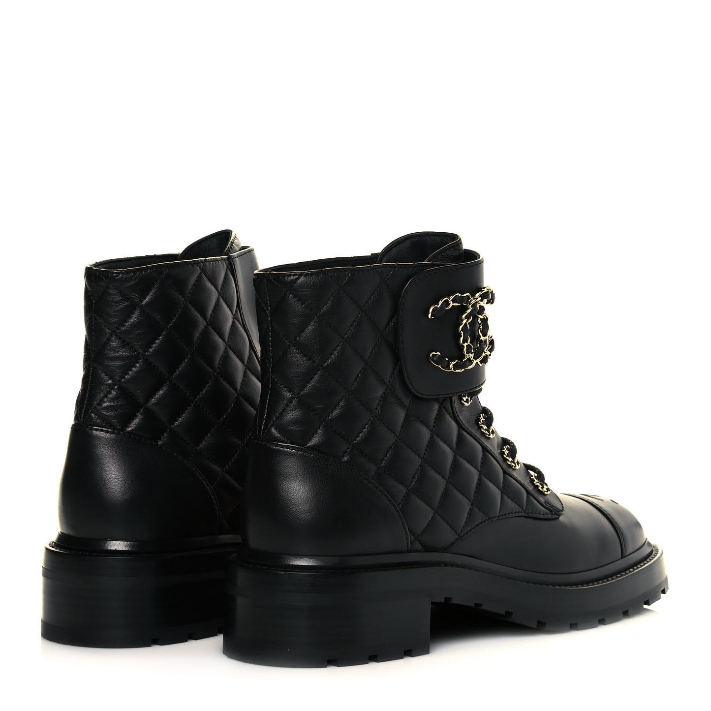Shiny Lambskin Quilted Lace Up Combat Boots 39 Black