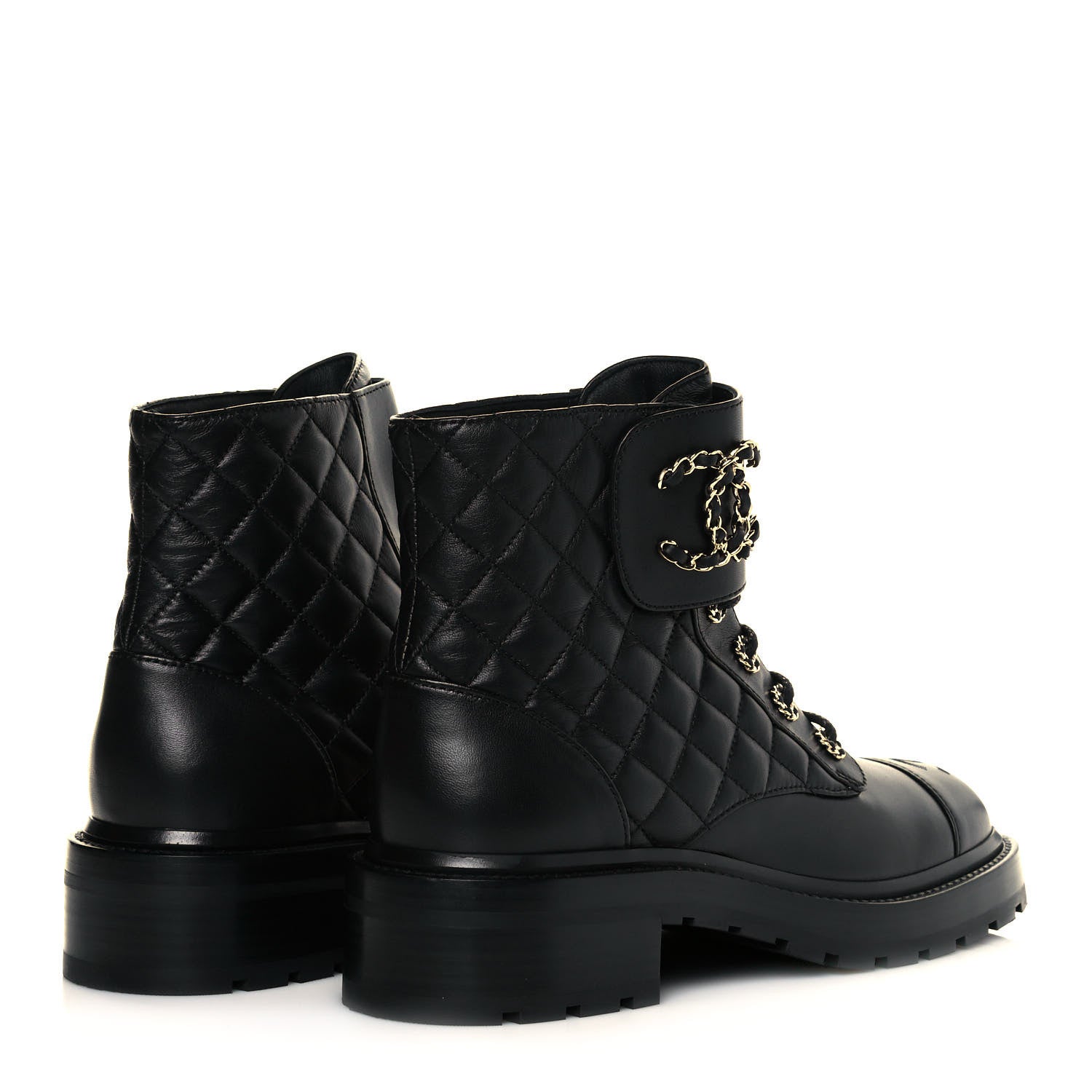 Chanel Shiny Lambskin Quilted Lace Up Combat Boots 39 Black 4 of 8