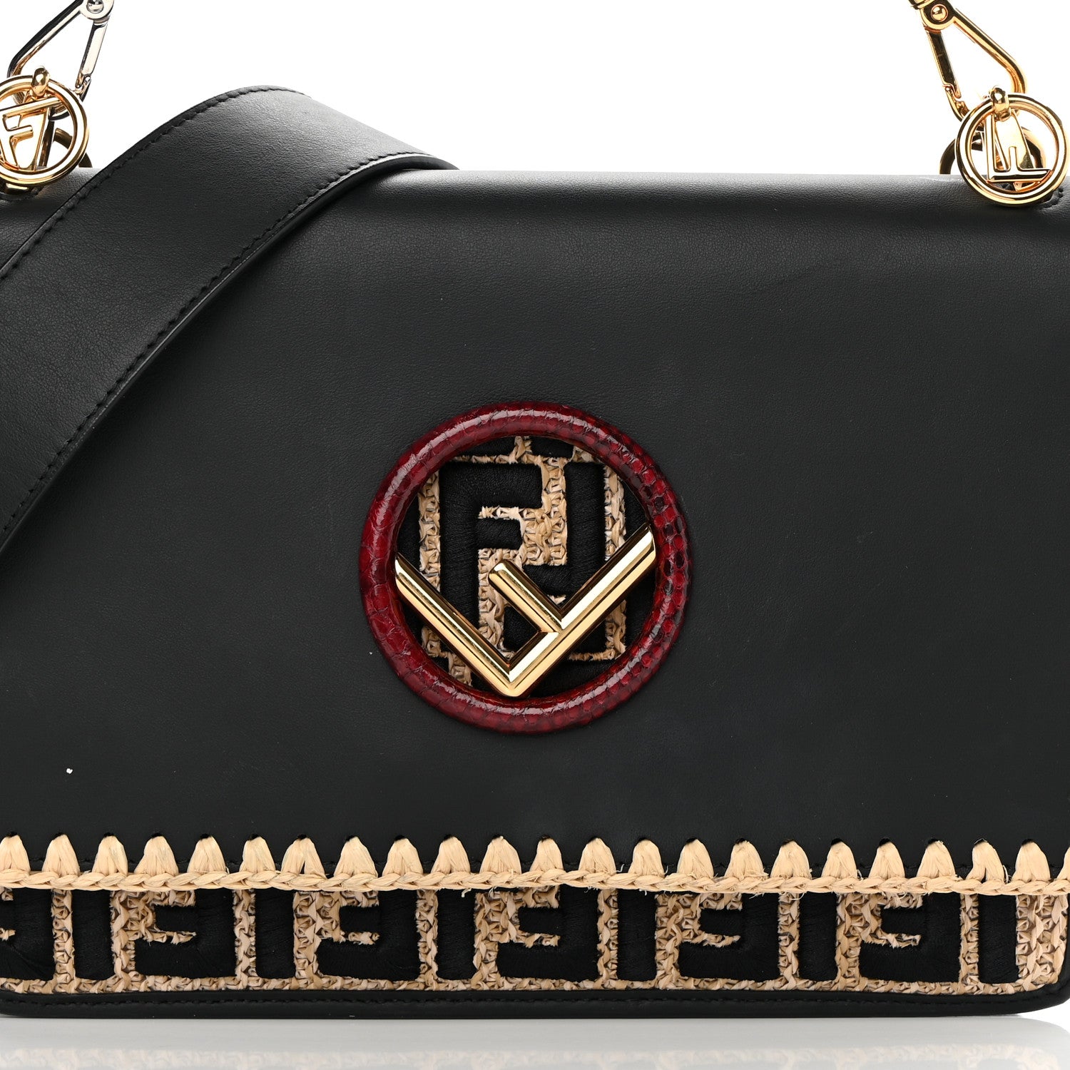 Fendi Vitello Century Raffia Snakeskin F is Fendi FF Woven Embroidered Kan I Shoulder Bag Black Natural 8 of 14