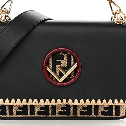 Fendi Vitello Century Raffia Snakeskin F is Fendi FF Woven Embroidered Kan I Shoulder Bag Black Natural 8 of 14