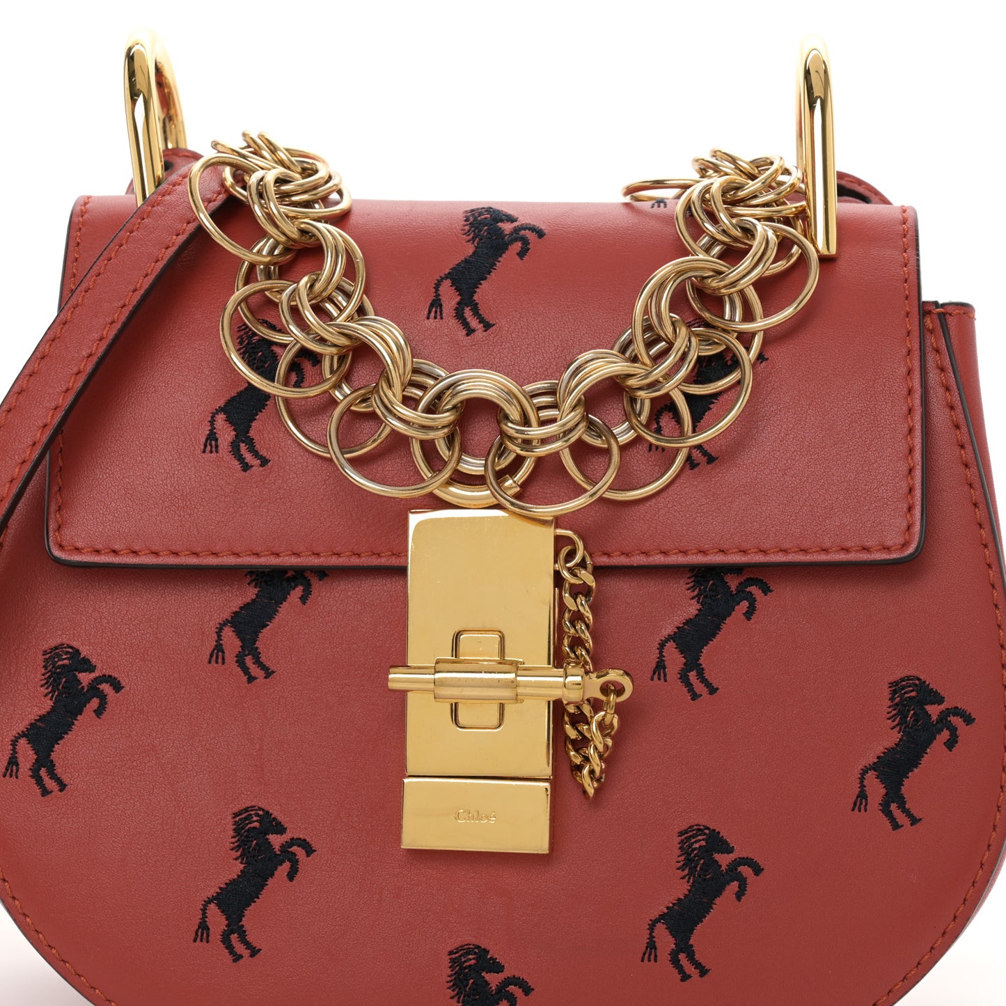 Calfskin Little Horses Embroidered Mini Drew Bijou Shoulder Bag Earthy Red