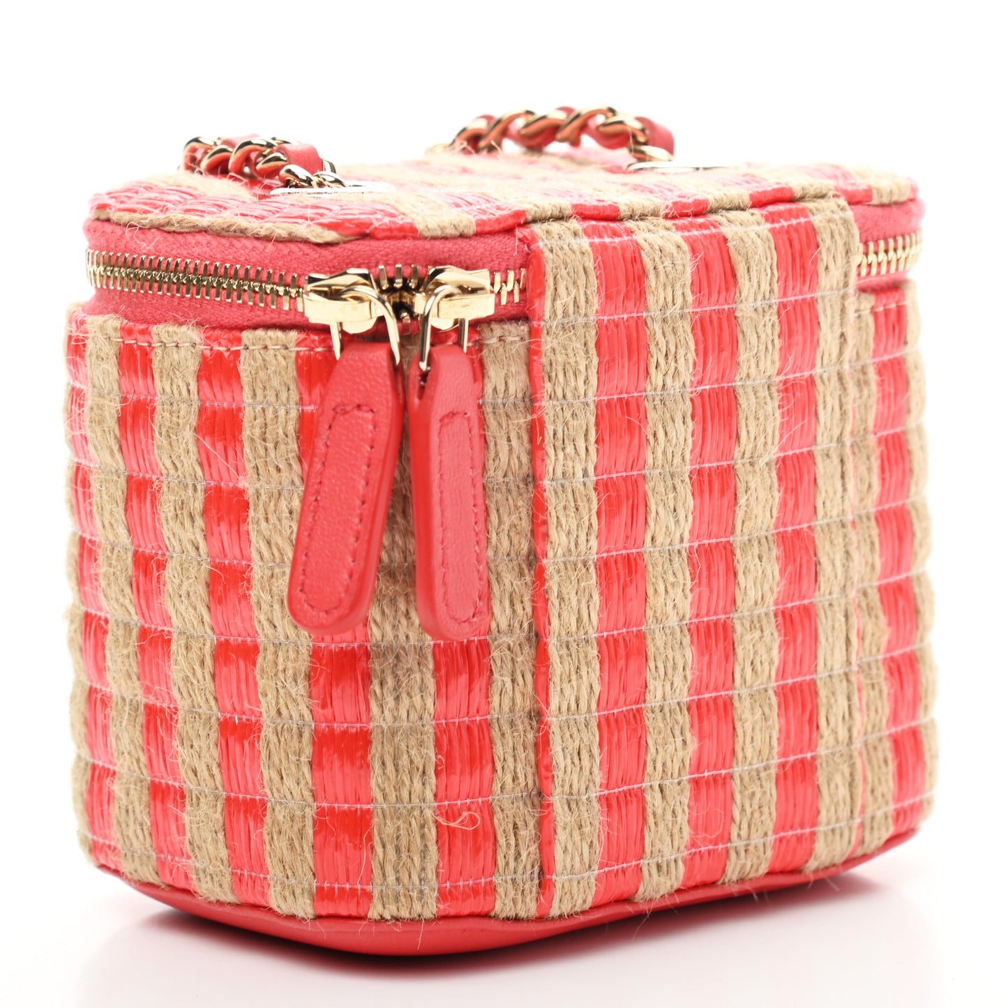 Raffia Jute Striped Mini Vanity Case With Chain Red Beige