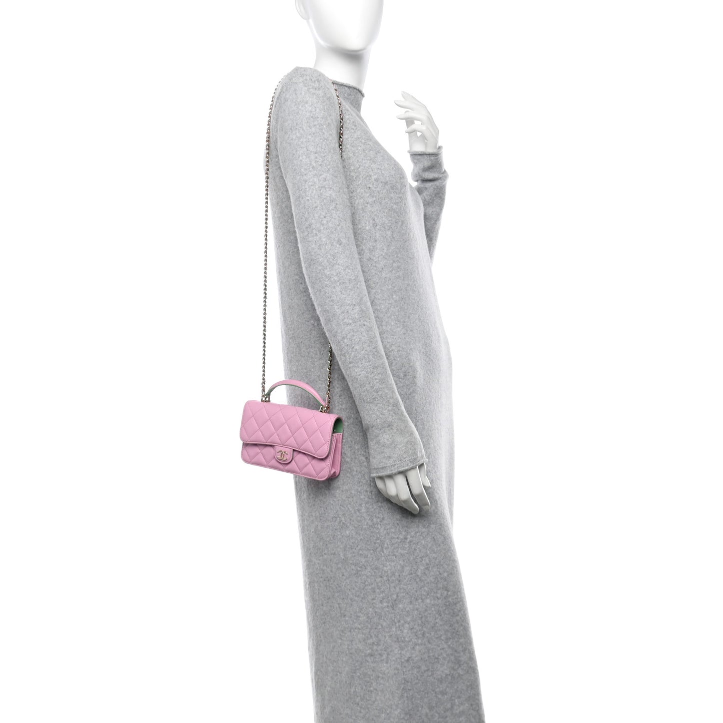 Lambskin Quilted Flap Phone Holder With Chain Lilac Light Green