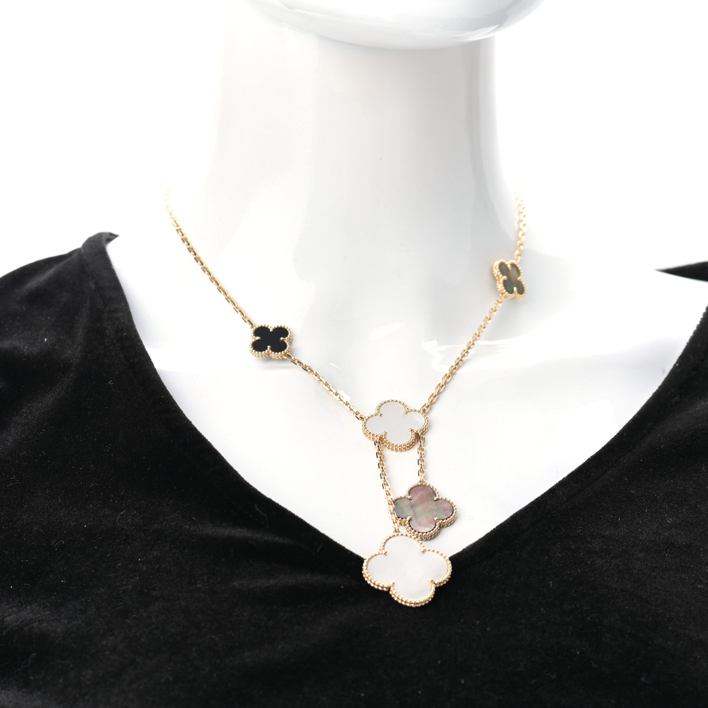 18K Yellow Gold Mother of Pearl Onyx 6 Motifs Magic Alhambra Necklace