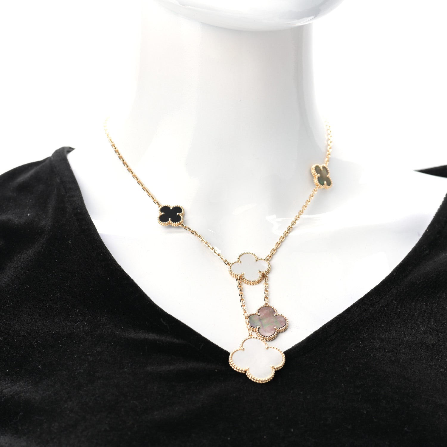 Van Cleef & Arpels 18K Yellow Gold Mother of Pearl Onyx 6 Motifs Magic Alhambra Necklace 2 of 6
