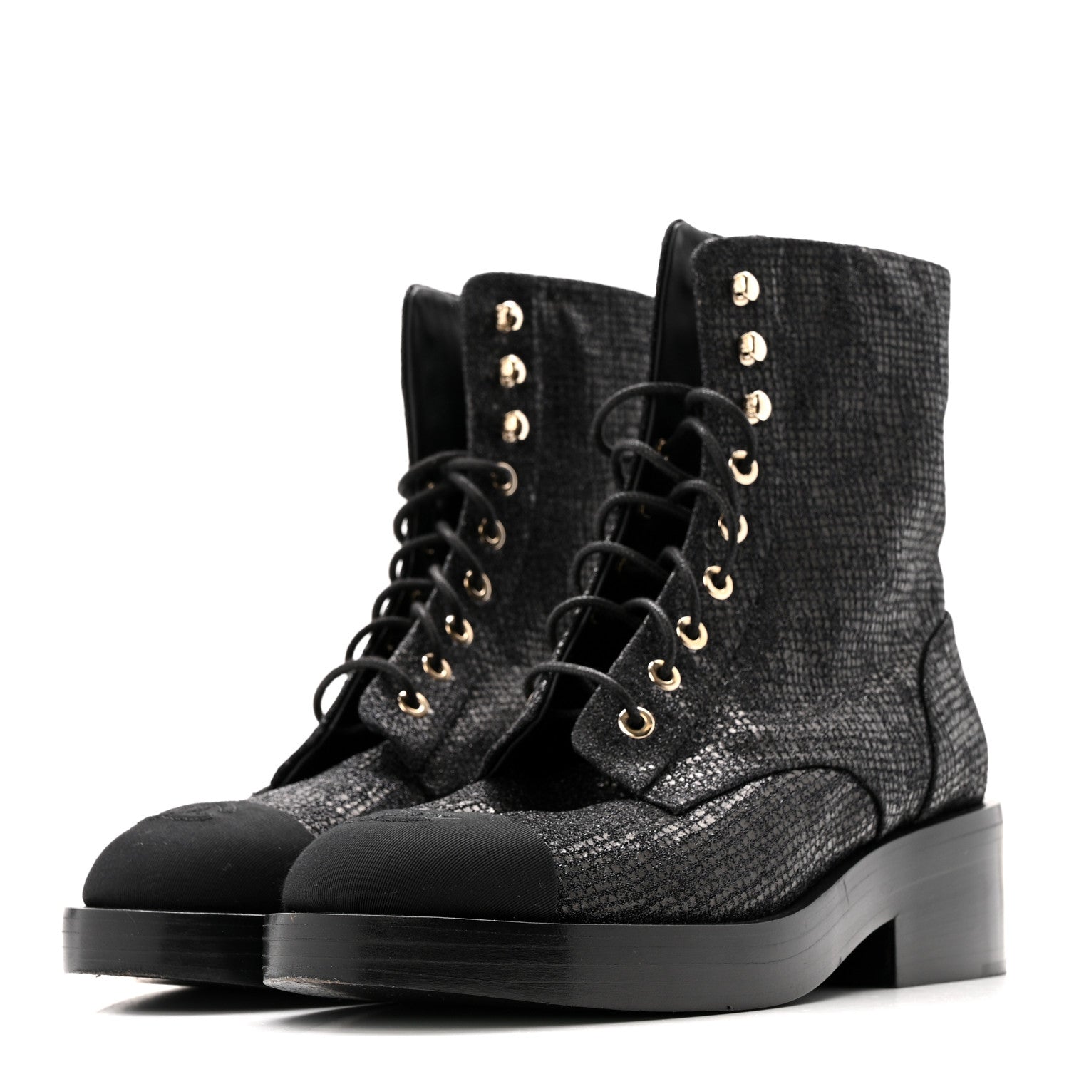 Chanel Fabric Crossgrain Cap Toe Combat Boots 38.5 Black 4 of 13