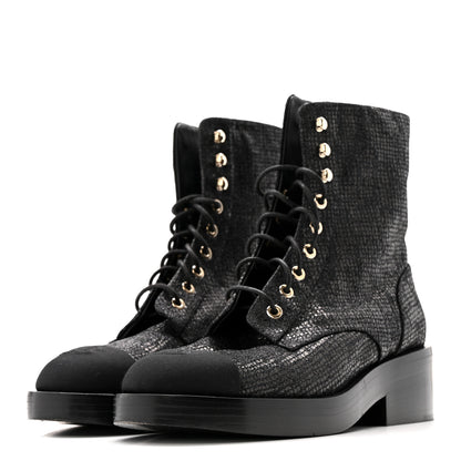 Chanel Fabric Crossgrain Cap Toe Combat Boots 38.5 Black 4 of 13