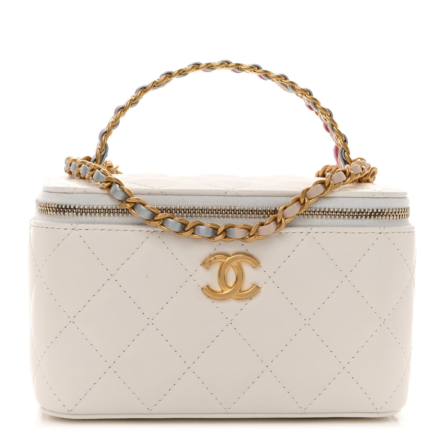 Shiny Calfskin Quilted Small Top Handle Vanity Case With Chain White
