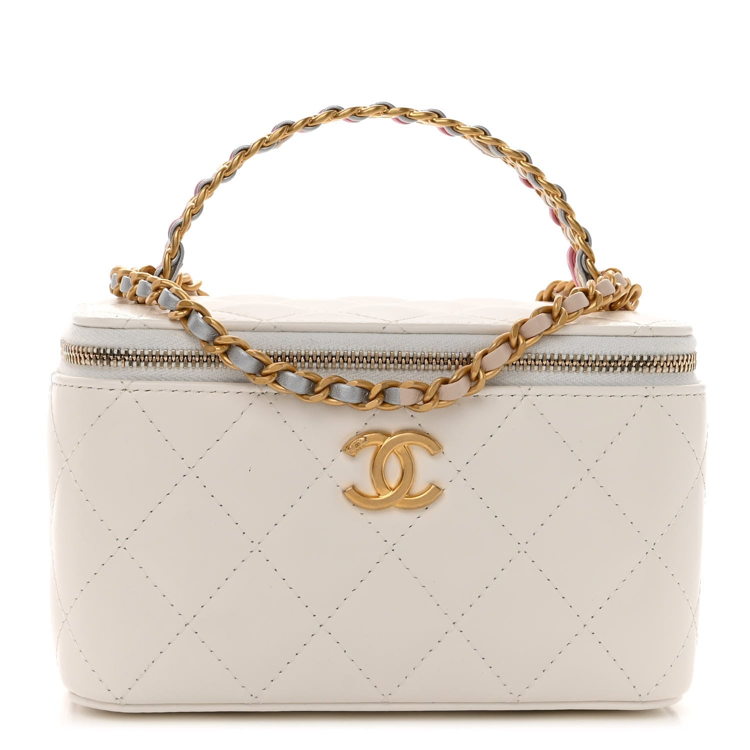 Chanel Shiny Calfskin Quilted Small Top Handle Vanity Case With Chain White 1 of 13