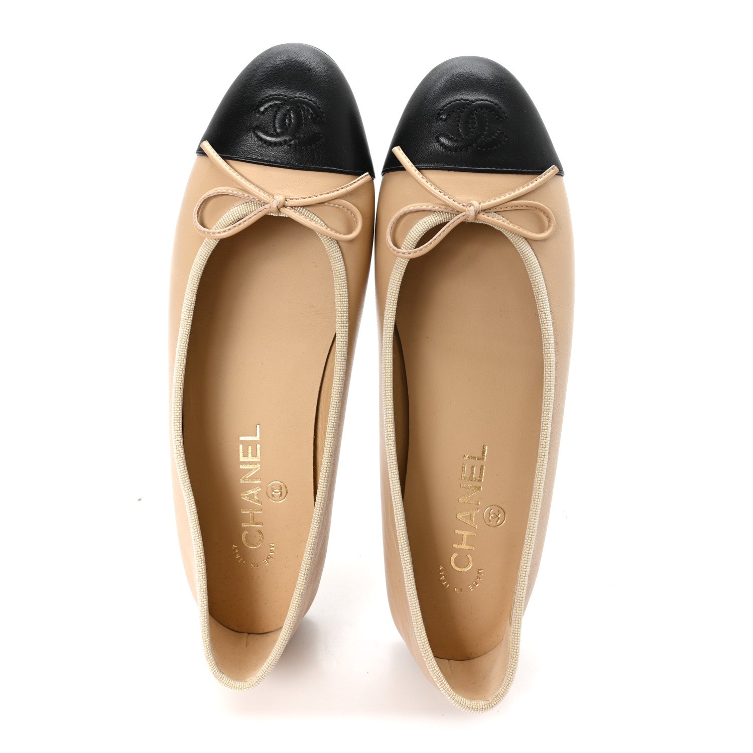 Chanel Lambskin Cap Toe CC Ballerina Flats 38.5 Beige Black 2 of 10