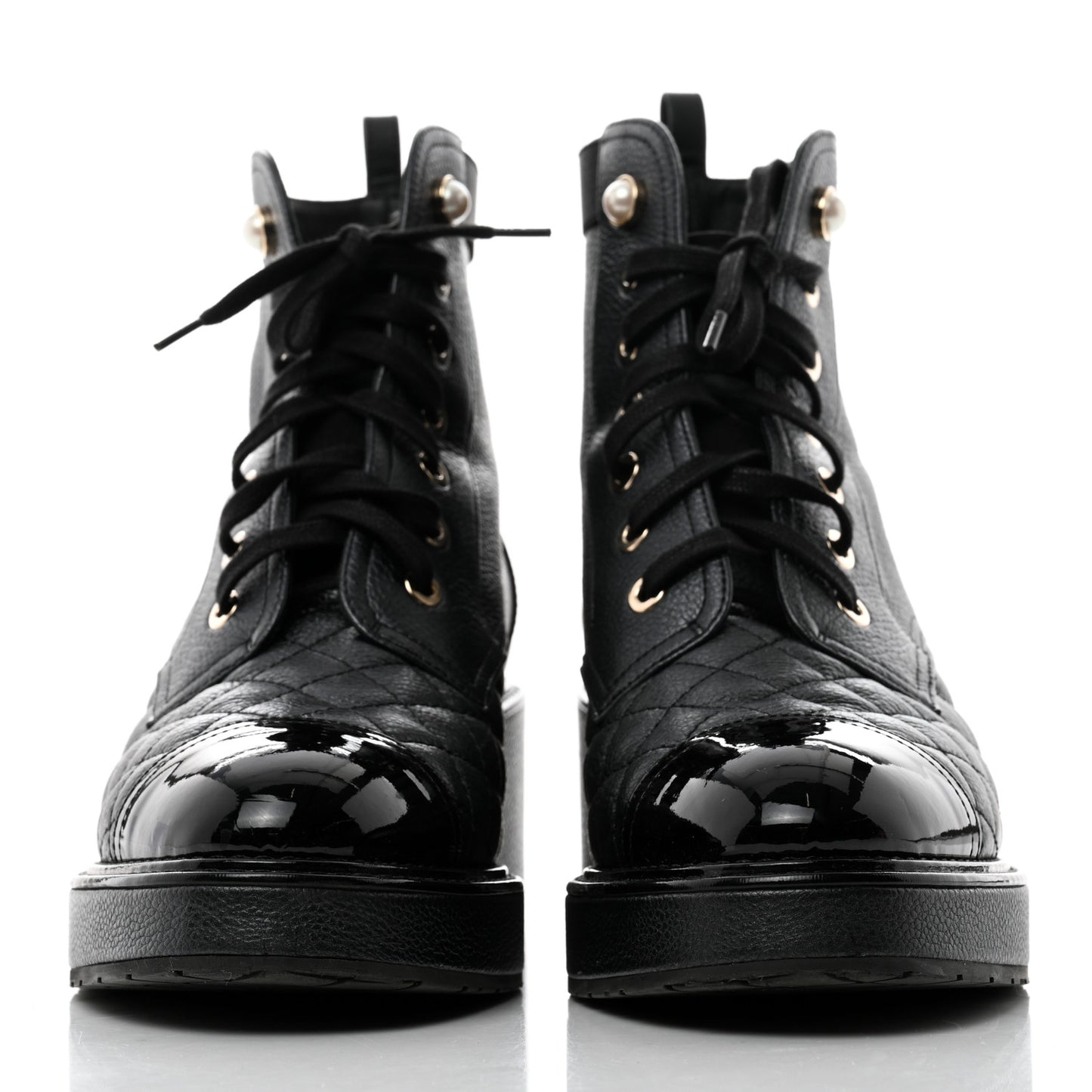 Pearly Calfskin Patent Calfskin Lace Up Combat Boots 38 Black