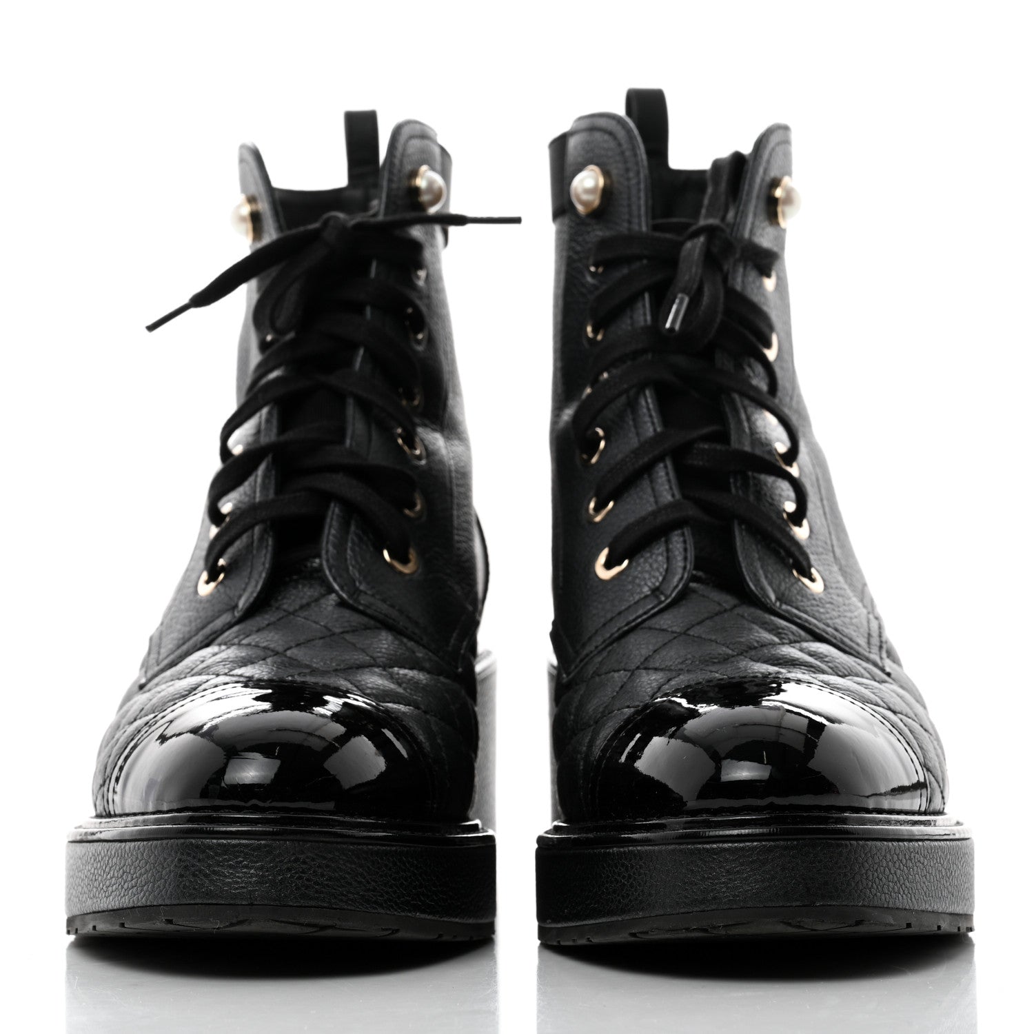 Chanel Pearly Calfskin Patent Calfskin Lace Up Combat Boots 38 Black 2 of 9