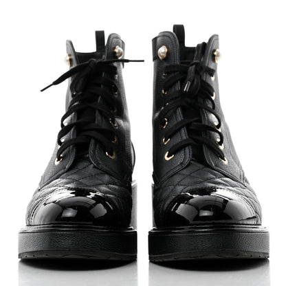 Chanel Pearly Calfskin Patent Calfskin Lace Up Combat Boots 38 Black 2 of 9