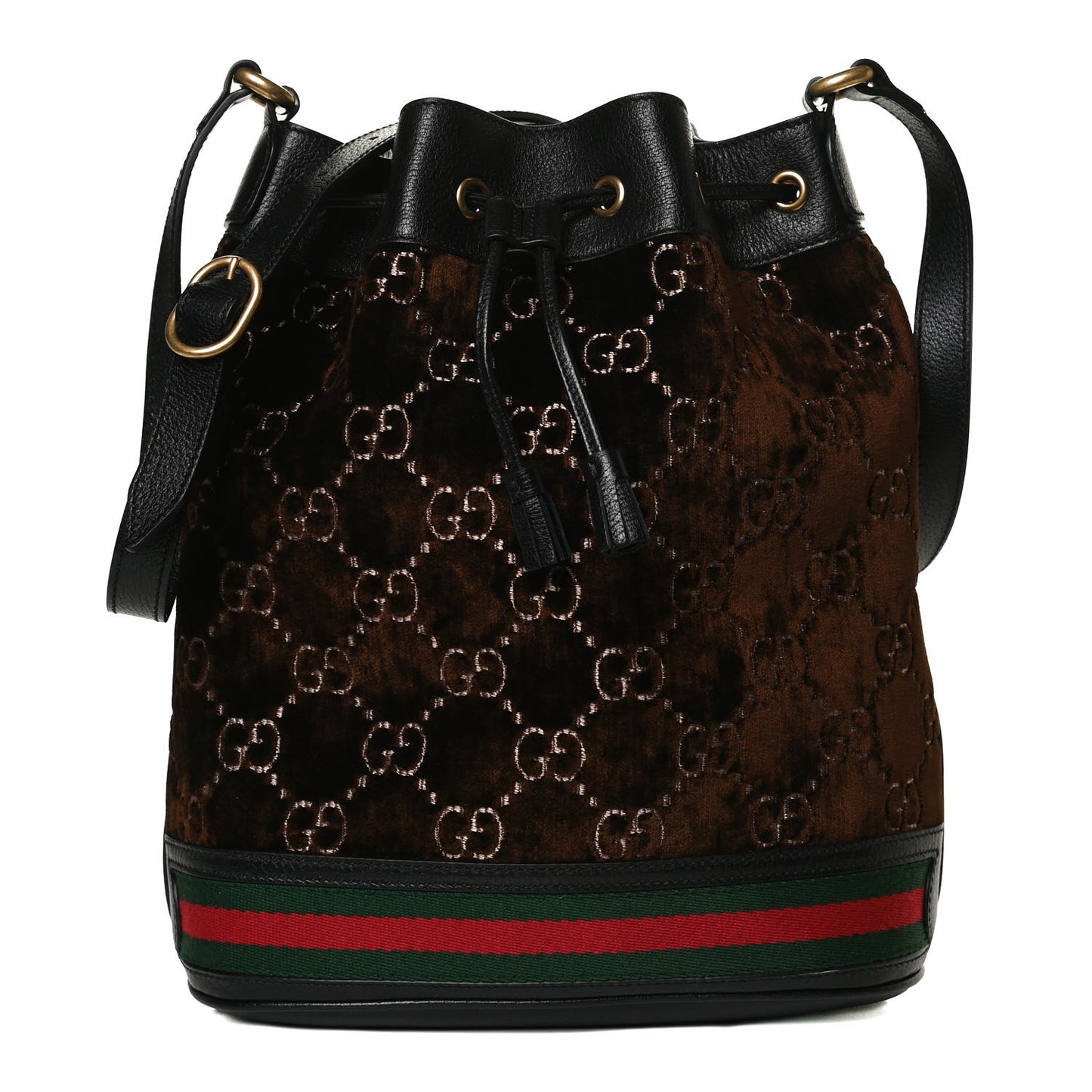 Velvet GG Monogram Textured Calfskin Web Bucket Bag Brown Black