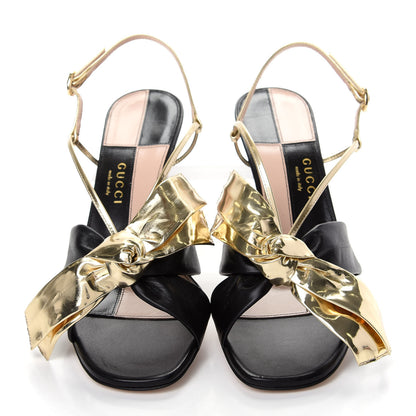 Gucci Nappa Metallic Bow Daphne Mid Heel Sandals 39 Black Platino 5 of 10