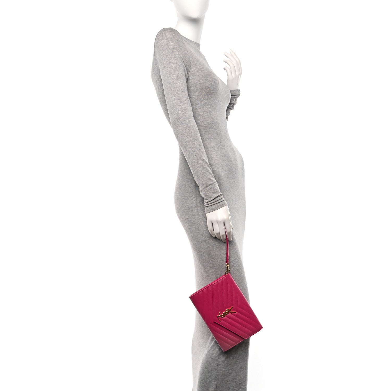 Saint Laurent Grain De Poudre Matelasse Chevron Monogram Envelope Clutch Fuxia Couture 3 of 11