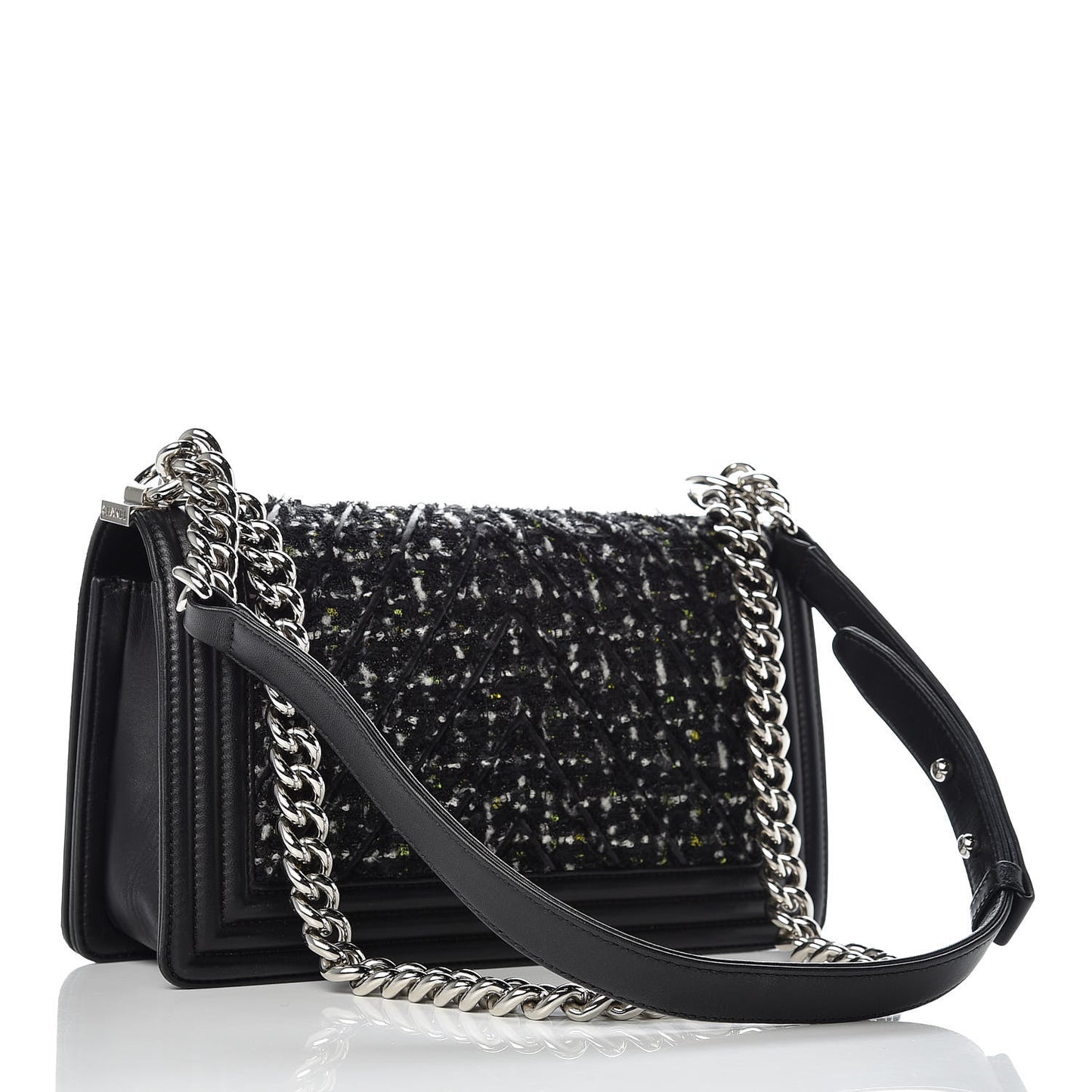 Lambskin Tweed Woven Medium Chevron Boy Flap Black