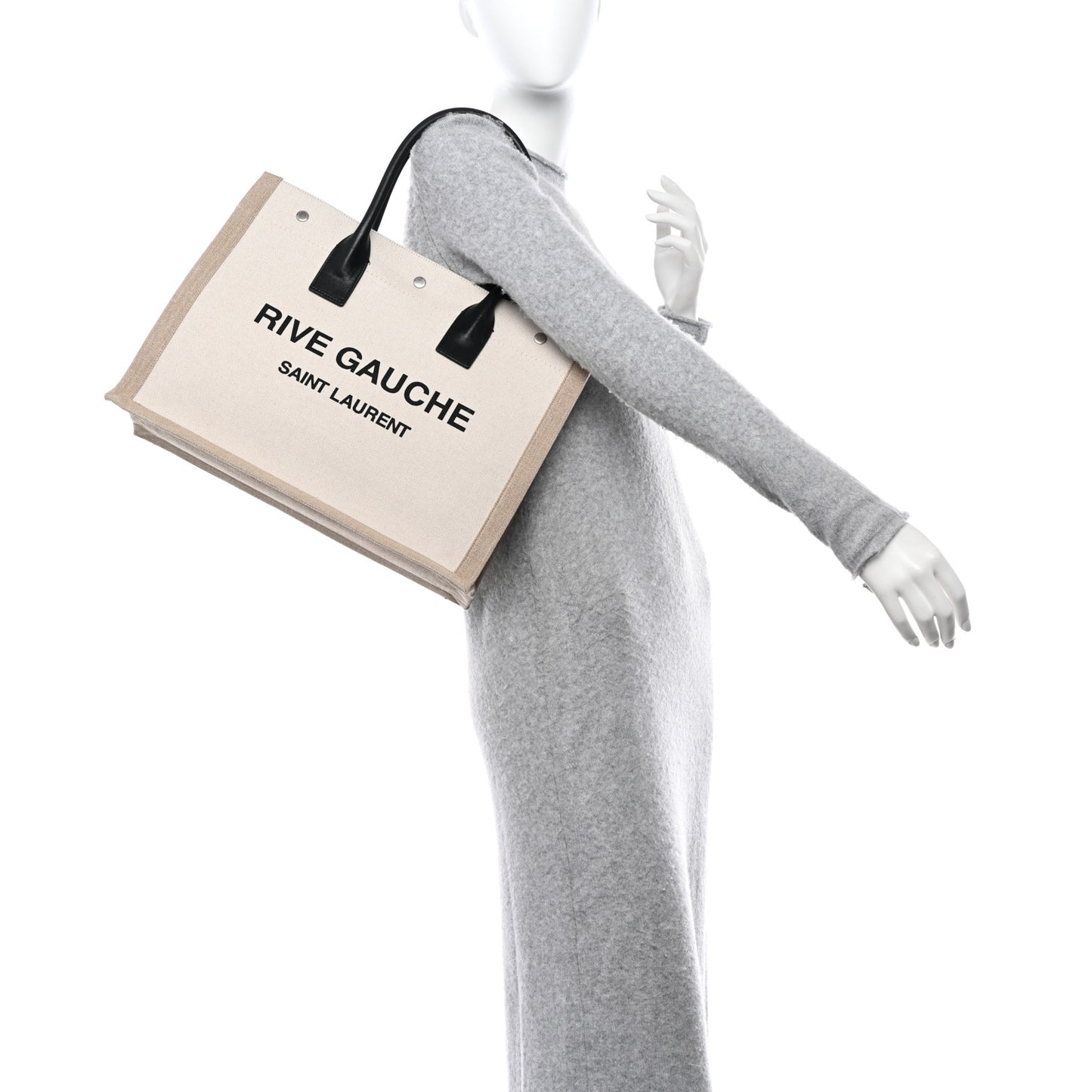 SAINT LAURENT Linen Calfskin Small Rive Gauche Tote Greggio Natural
