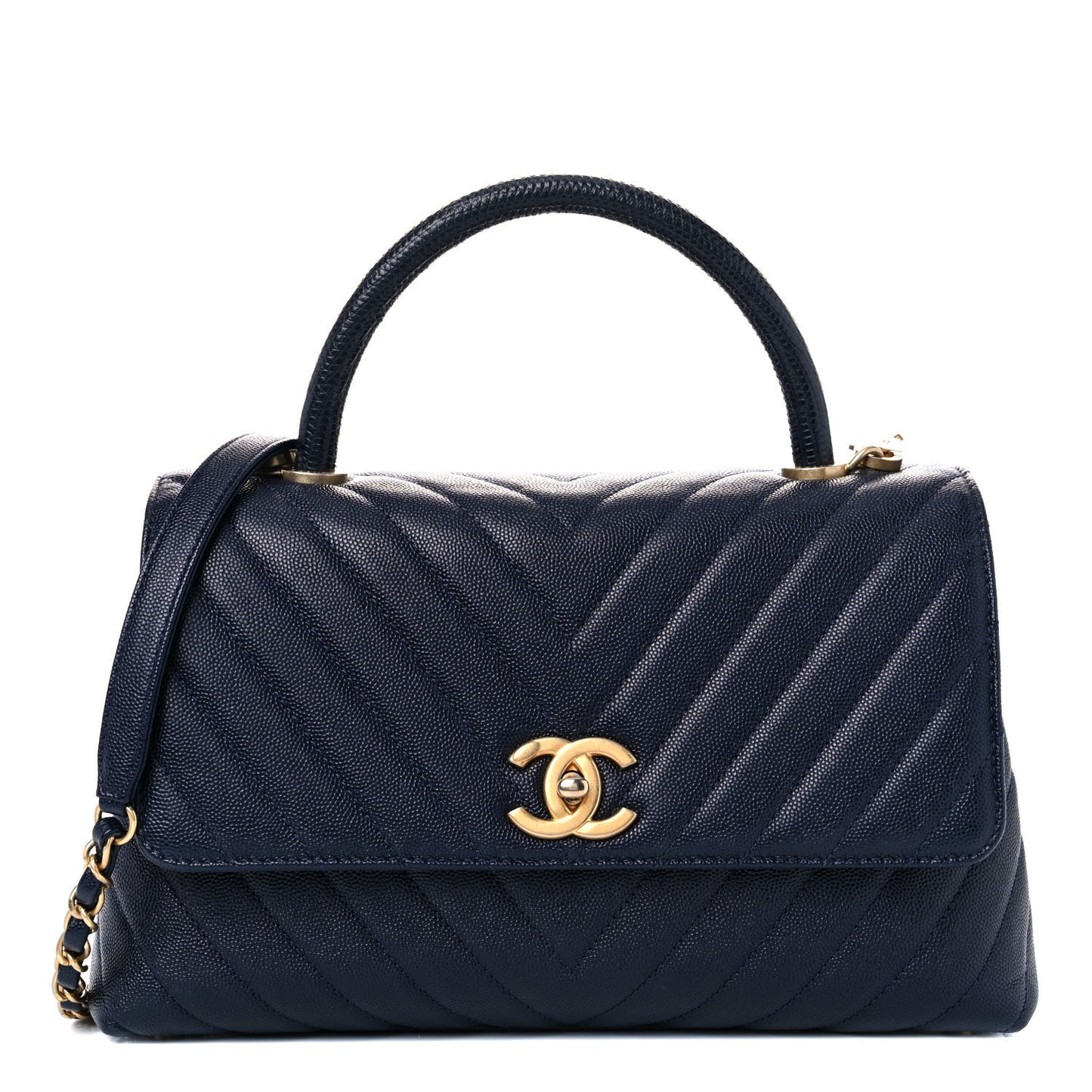 Caviar Lizard Quilted Chevron Small Coco Handle Flap Navy Blue