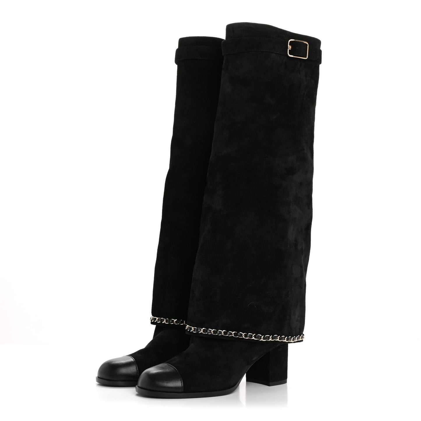 Suede Calfskin Lambskin Cap Toe Chain Fold Over High Boots 37 Black