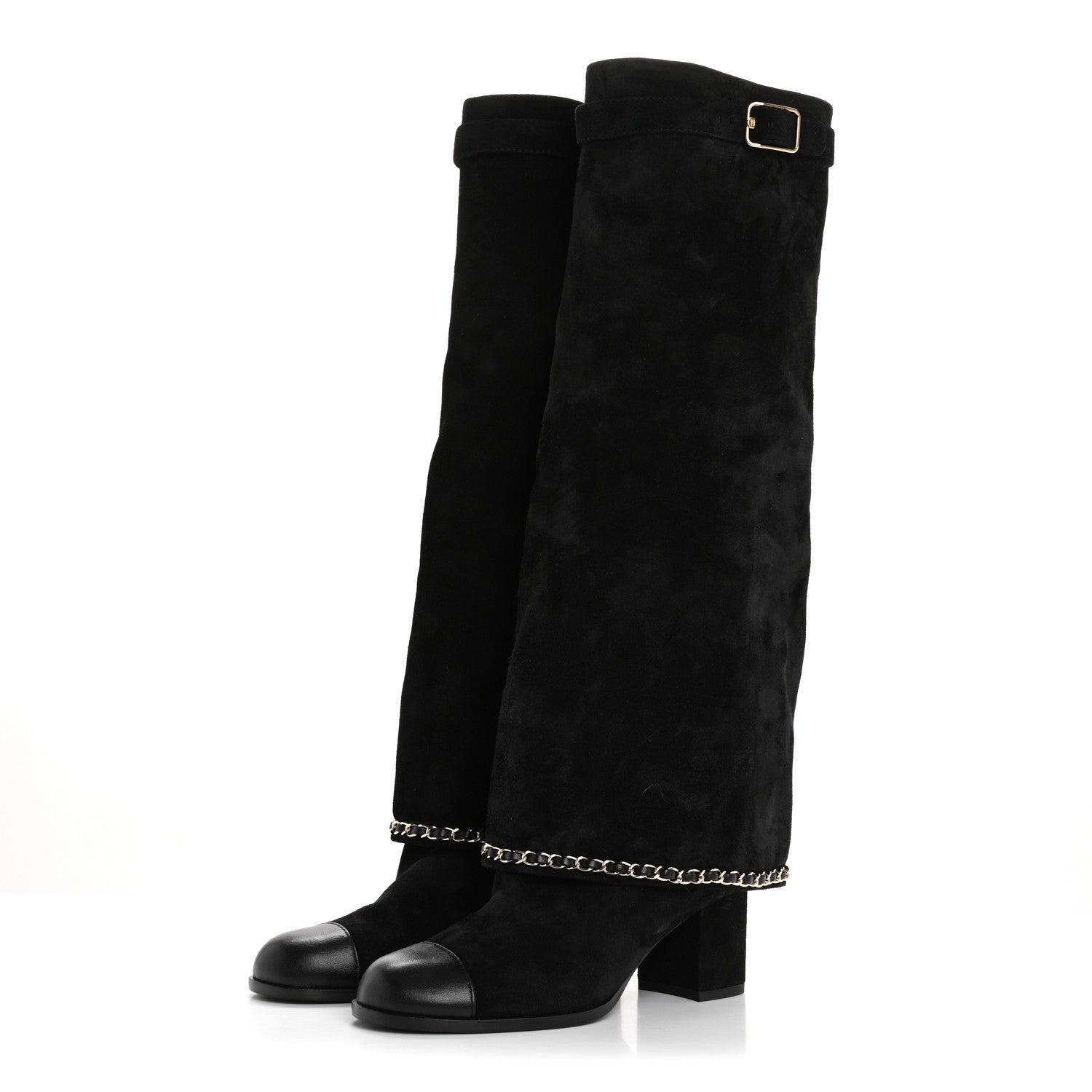 Chanel Suede Calfskin Lambskin Cap Toe Chain Fold Over High Boots 37 Black 3 of 8