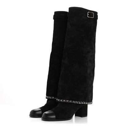 Chanel Suede Calfskin Lambskin Cap Toe Chain Fold Over High Boots 37 Black 3 of 8