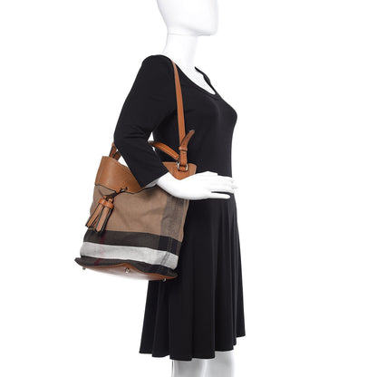 Burberry Grainy Calfskin Canvas Mega Check Medium Ashby Tassel Hobo Saddle Brown 2 of 9