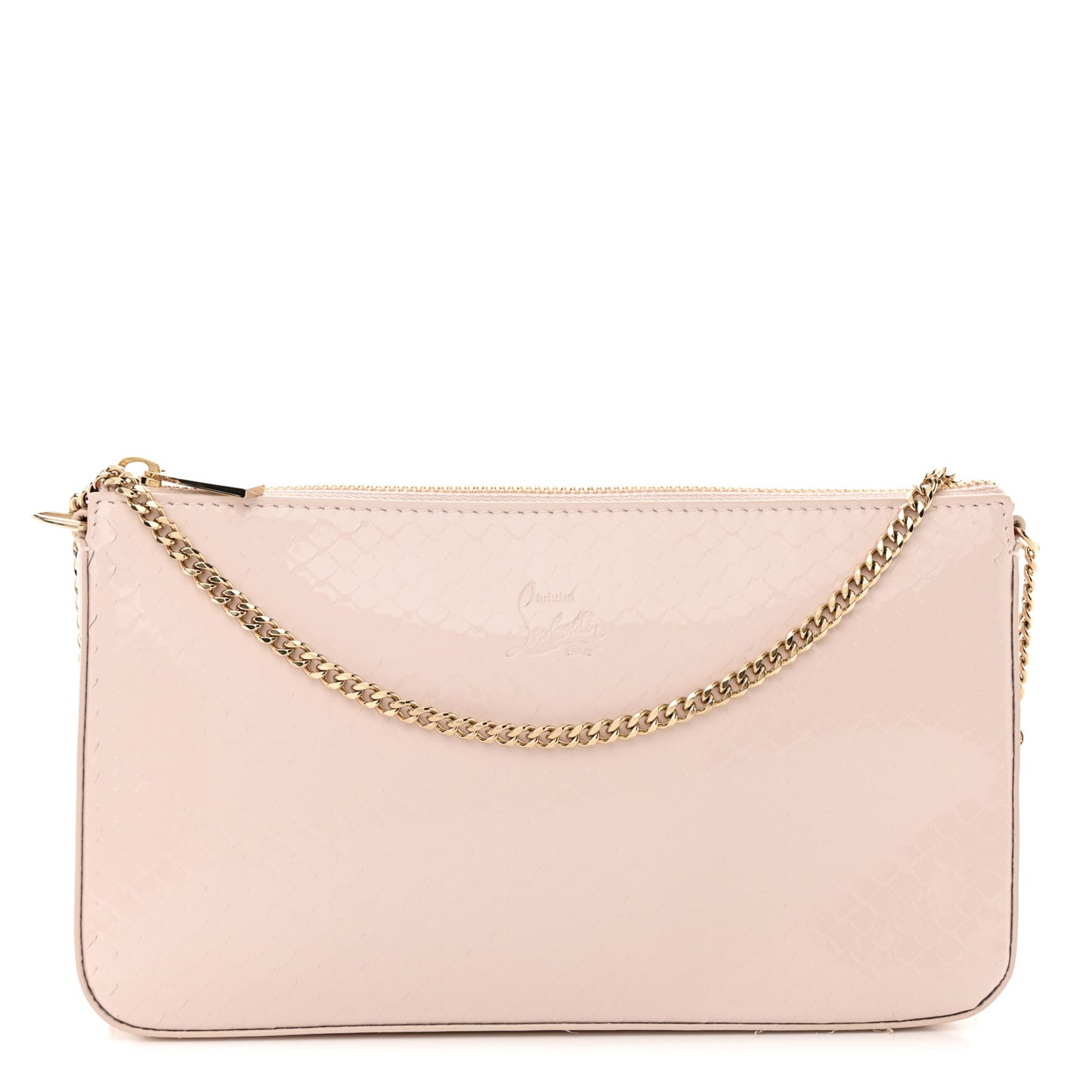 Patent Calfskin Snake Effect Loubila Chain Clutch Light Pink