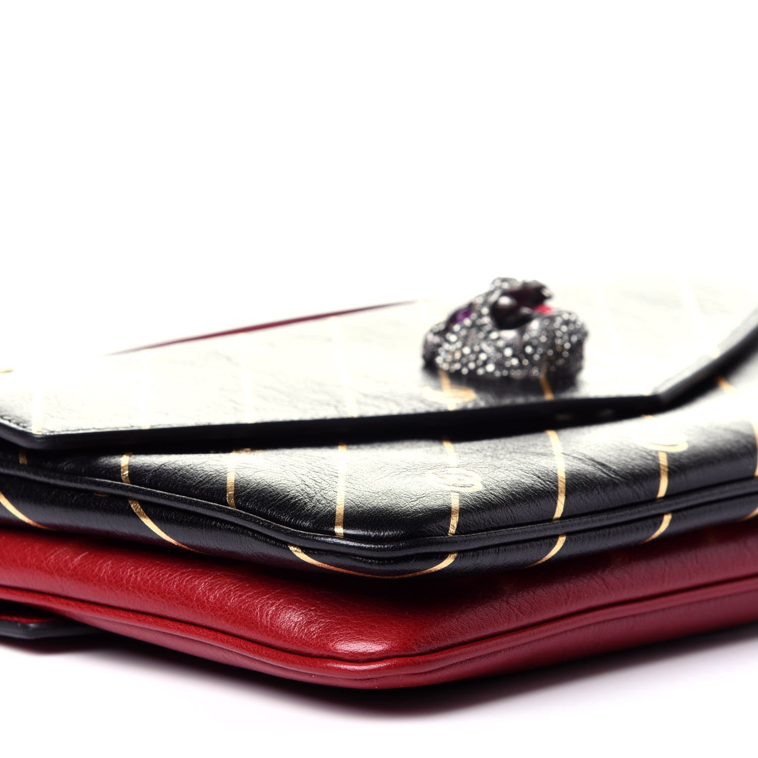 Gucci Calfskin Diagonal GG Medium Thiara Double Envelope Shoulder Bag Black Red 9 of 16