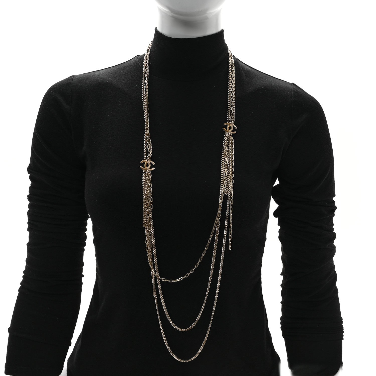 Chanel Baguette Crystal Gripoix Poured Glass CC Multi Strand Chain Necklace Light Gold 2 of 5