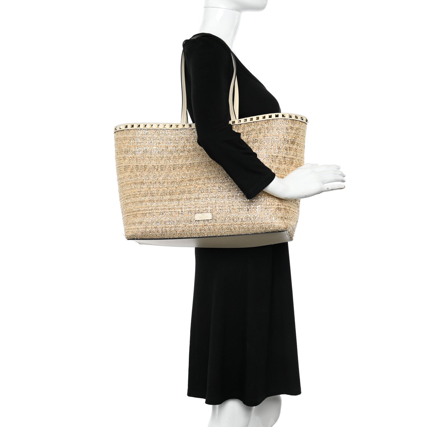 Metallic Boucle Raffia Calfskin Rockstud Tote Bag White Ivory Gold