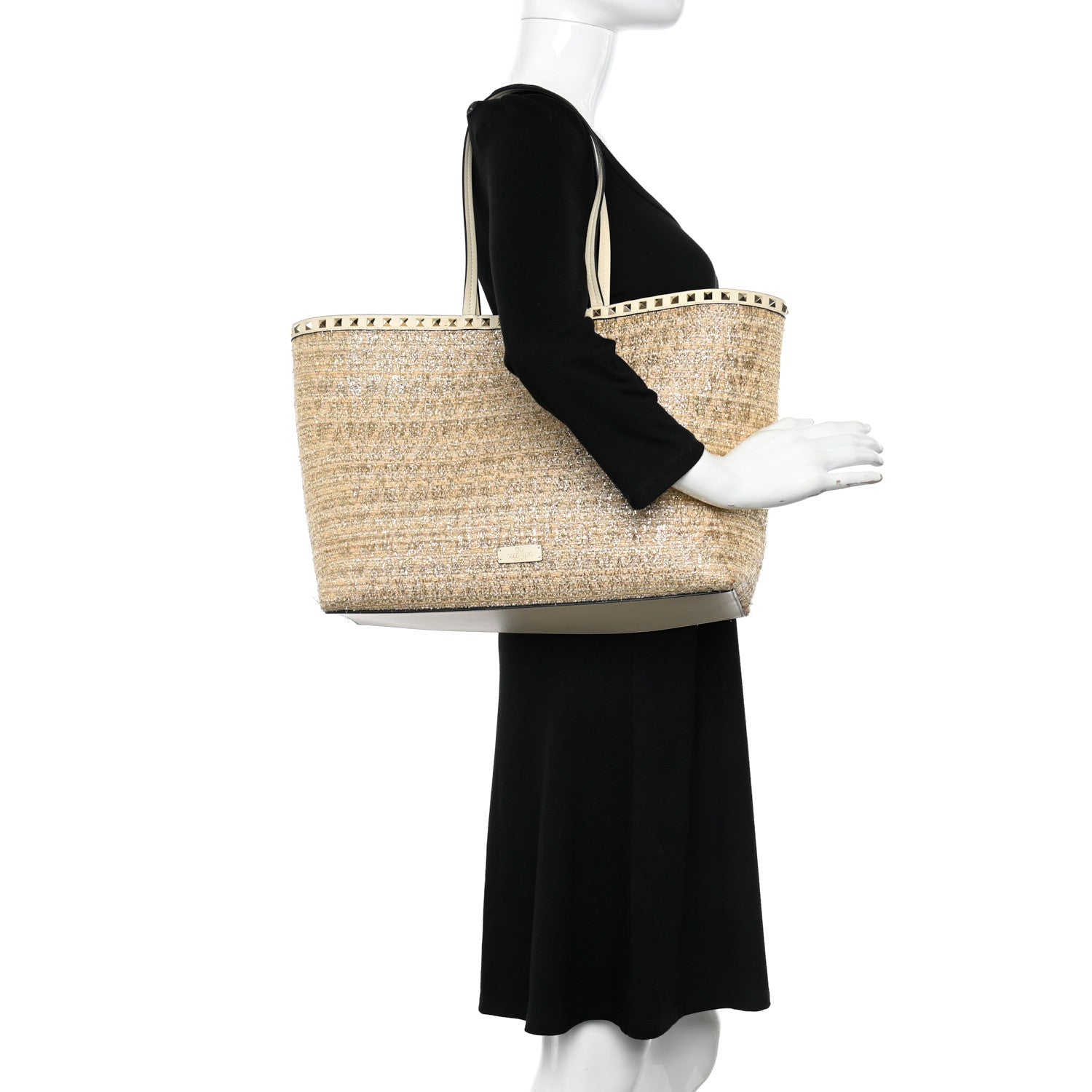 Valentino Garavani Metallic Boucle Raffia Calfskin Rockstud Tote Bag White Ivory Gold 2 of 9