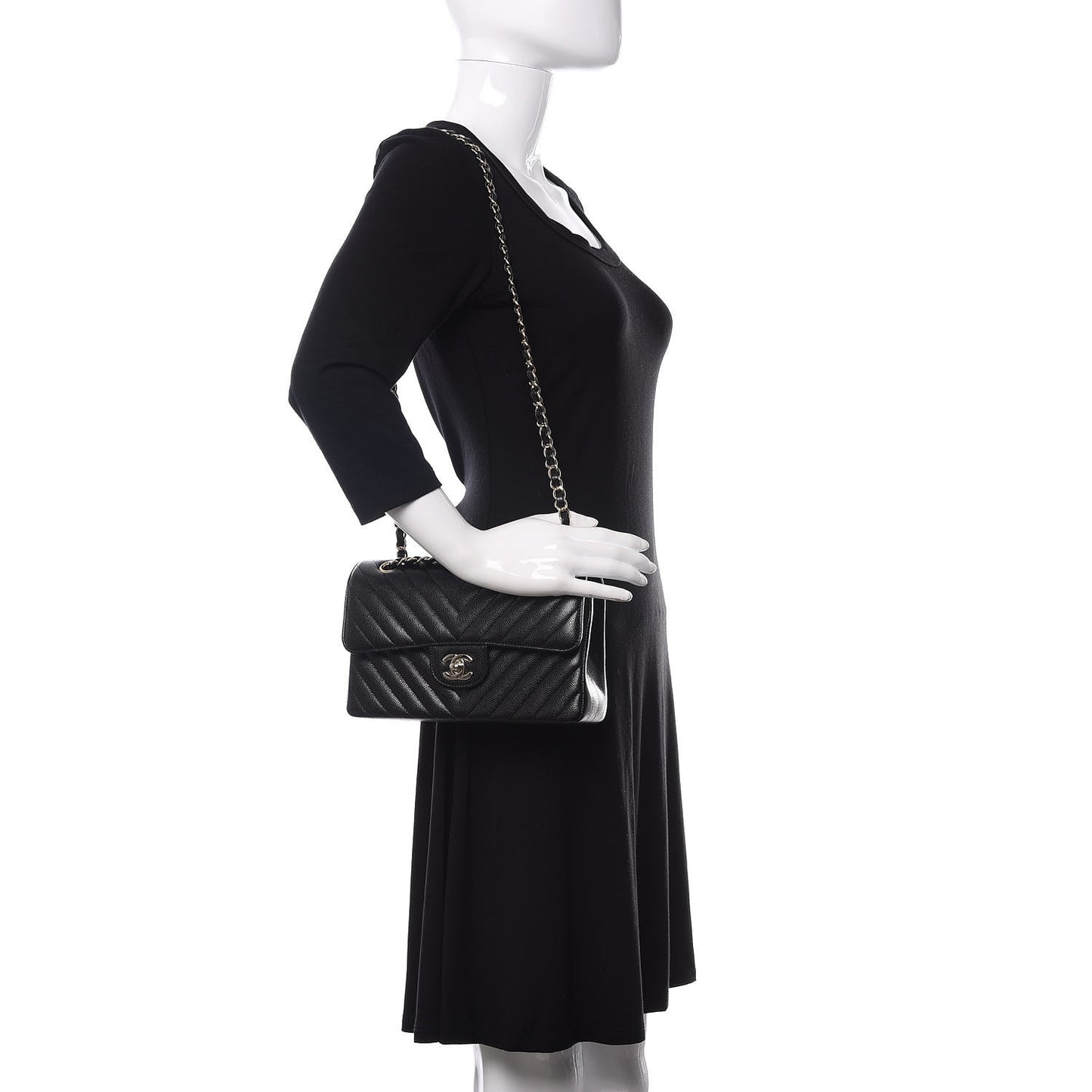 Caviar Chevron Quilted Small Double Flap Black