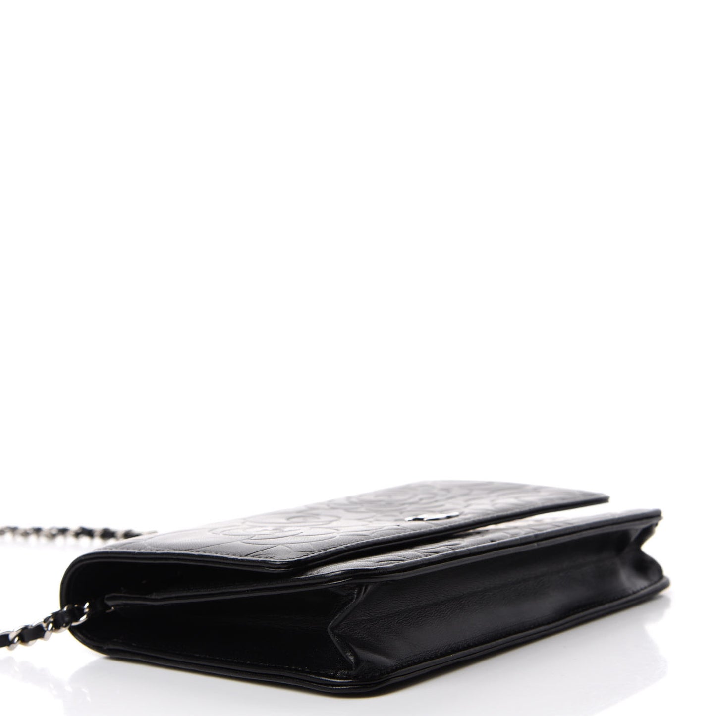 Lambskin Camellia Embossed Wallet on Chain WOC Black