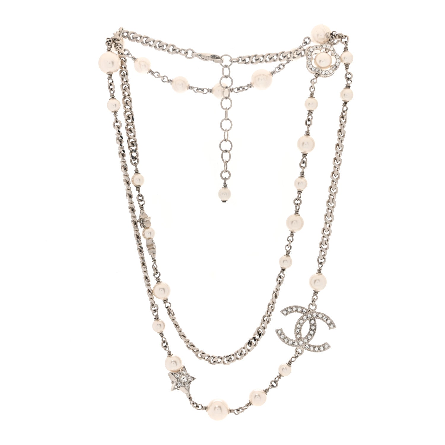 Chanel Pearl Crystal CC Starfall Necklace Silver 3 of 5