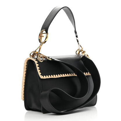 Fendi Vitello Century Raffia Snakeskin F is Fendi FF Woven Embroidered Kan I Shoulder Bag Black Natural 3 of 14