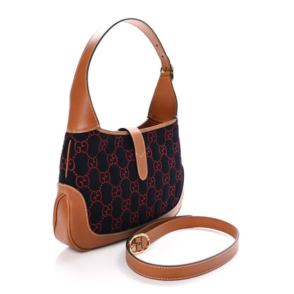 Gucci Monogram Felt Azalea Calfskin Web Small Jackie 1961 Hobo Navy Burgundy 3 of 10